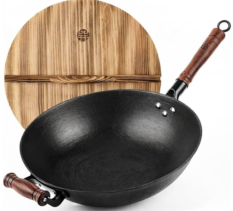 王源吉 手工打造平底铸铁炒锅 带盖12.6英寸